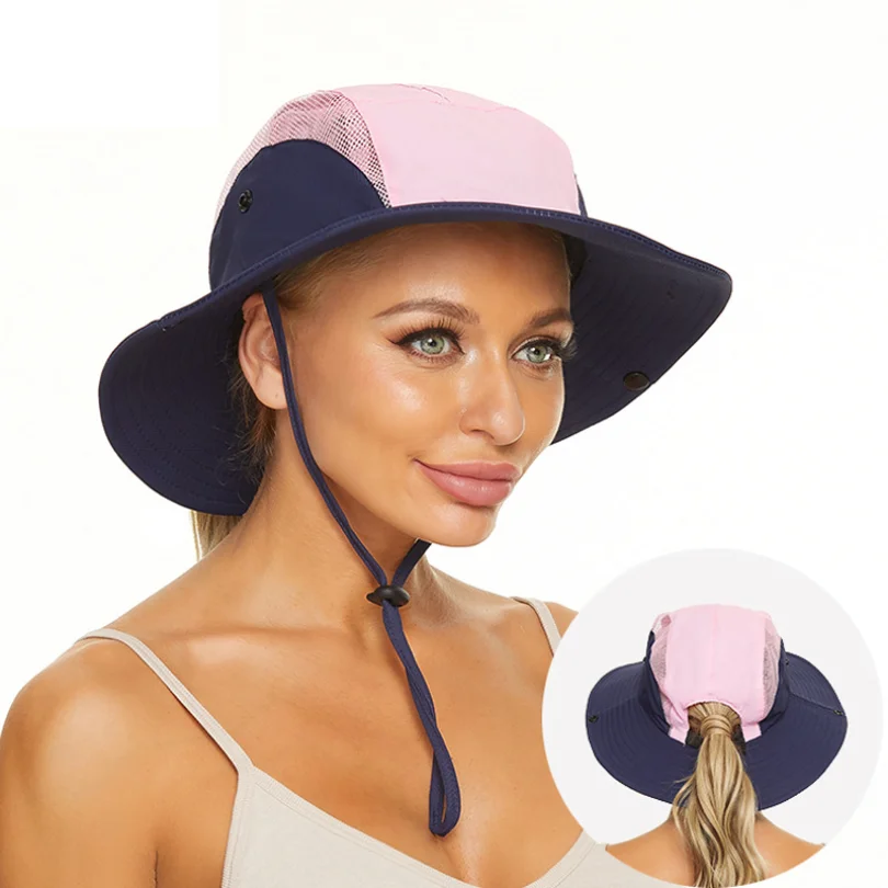 

Fashion Round Top Women's Bucket Hat Color Blocking Light Breathable Sunscreen Beach Cap Outdoor Anti-UV Hiking Riding Panama