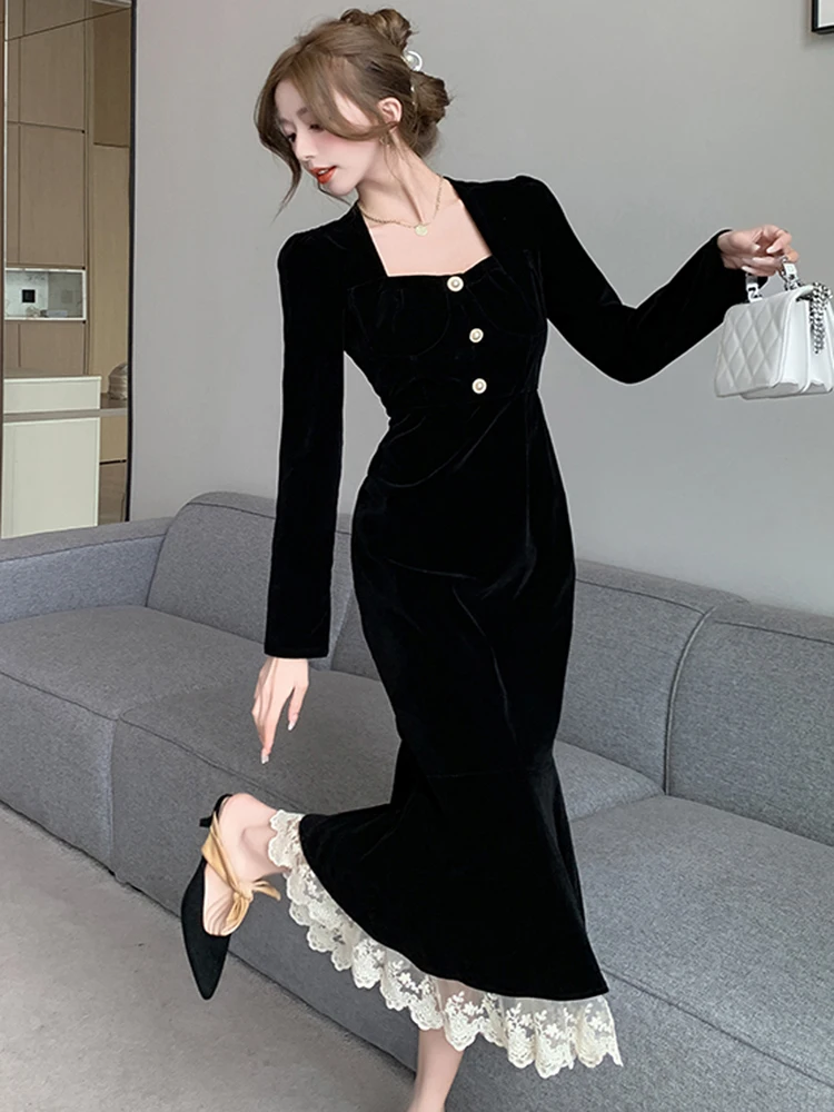 Korea Fashion Black Velvet Mermaid Party Dresses For Women