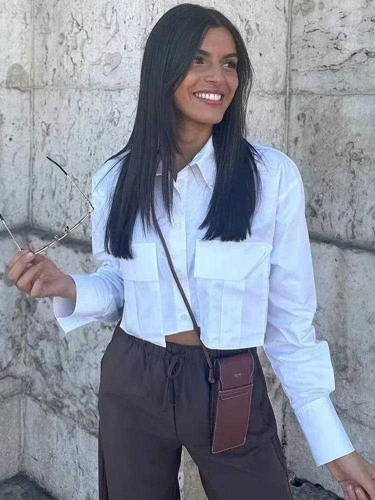 SLTNX 2026 Women Solid White Blouse Long Sleeve With Pocket Casual Loose Chic Tops Office Lady Fashion Basic Versatile Shirt