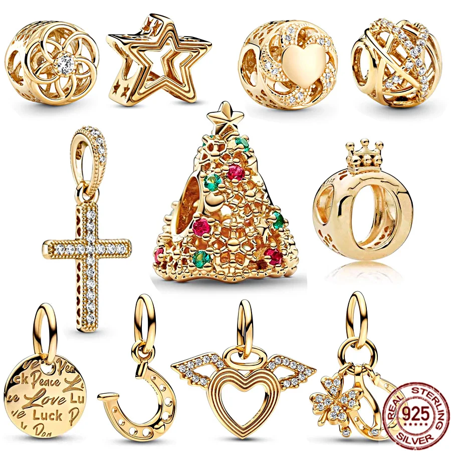 Croce Scintillante Placcata Oro Albero Di Natale Radiant Star Crown Charm Beads Fit Original Pandora Silver 925 Bracciale Gioielli Da Donna