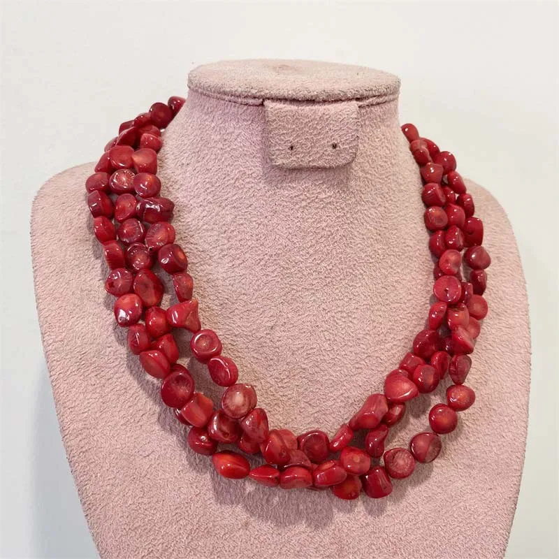 Red Coral Stone Jewellery Three Layers Weave Nugget Red Coral