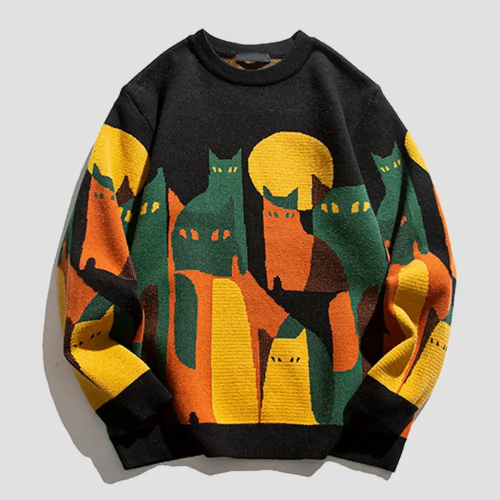 

Lightweight Crew Neck Sweater Men Relaxed Fit Sweater Cozy Cat Print Sweater for Men Thick Knitted Warm Pullover with for Winter