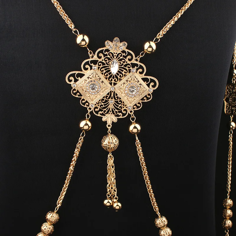

Dicai Moroccan Women Body Jewelry Golden Wedding Back Shoulder Chain Wedding Jewelry Long Neck Ball Chain Bridal Gifts Necklace