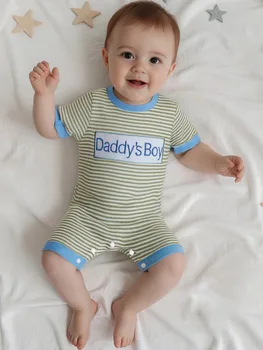 Father s Day Gift Adorable Baby Boy Romper with Letter Embroidery and Striped Design Perfect for Summer Outings and Daily Wear 3