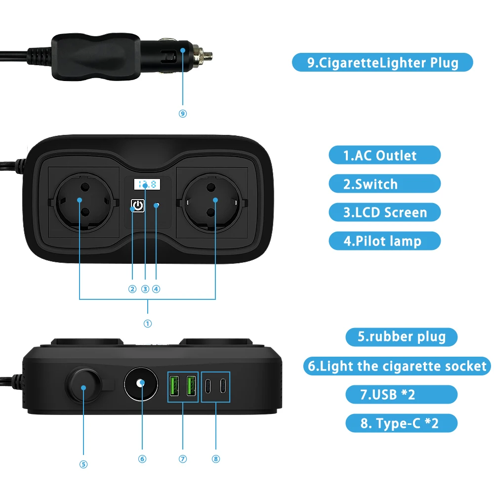 12V To 220V 200W Peak LED Display Sockets Power Inverter Car Power Inverter Adapter Converter With 3.6A Dual USB Type-C EU vehicle inverter car converter inverter car inverter car power converter power inverter