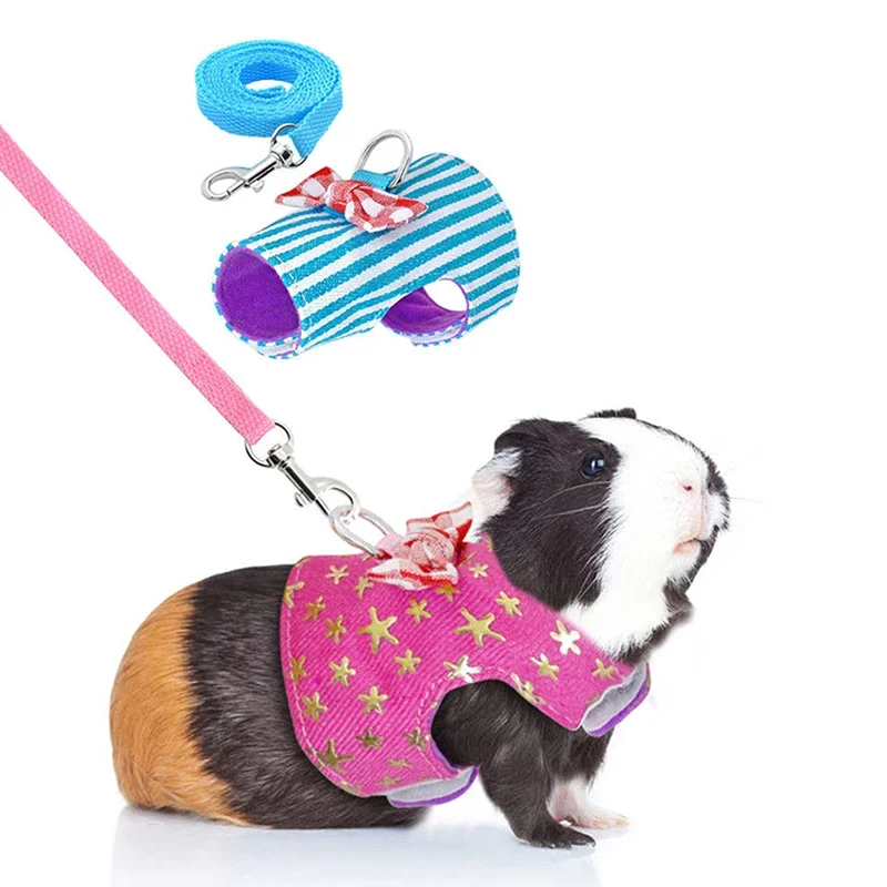 1 Set Hamster Small Pet Harness Rabbit Bowtie Striped Star Harness Vest Leash Traction Rope Baby Ferrets Rat Hamster Chest Strap,pet harness,small pet leash