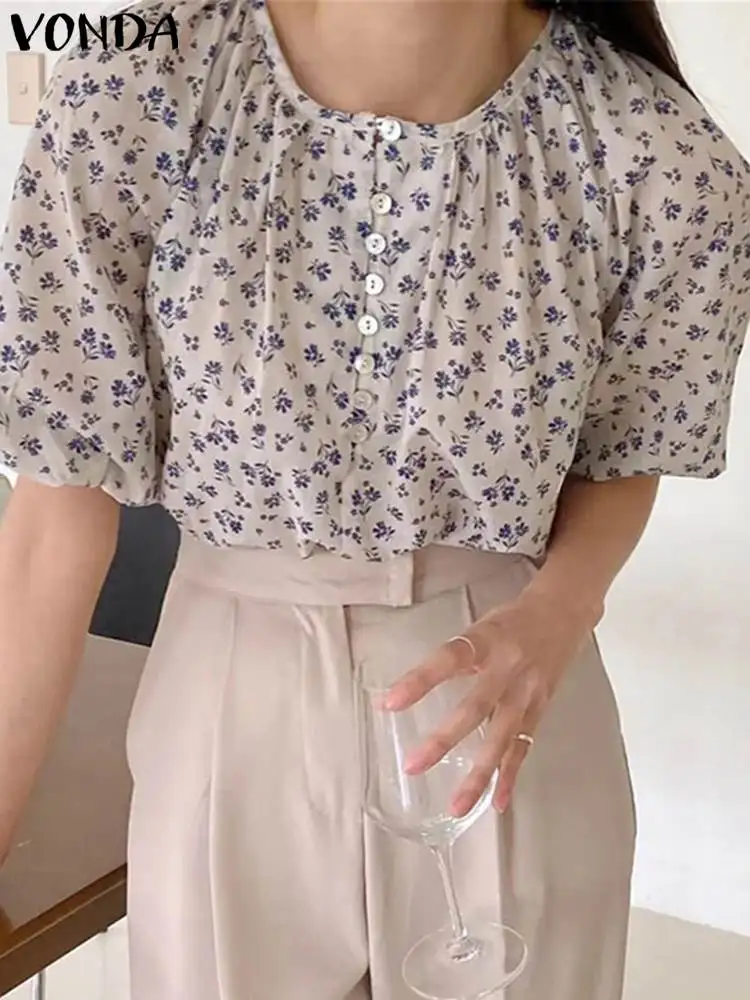 

VONDA Women Elegant Shirts Fashion Short Puff Sleeve Printed Tops 2024 Summer Blouse Vintage O Neck Tunic Casual Loose Blusas