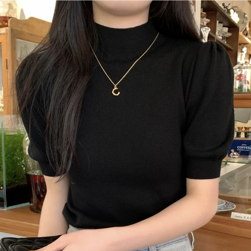 

Женский винтажный пуловер с полувысоким воротником, блузки, летняя однотонная вязаная рубашка с пышными рукавами, женские повседневные Элегантные Модные топы для дам, 25244