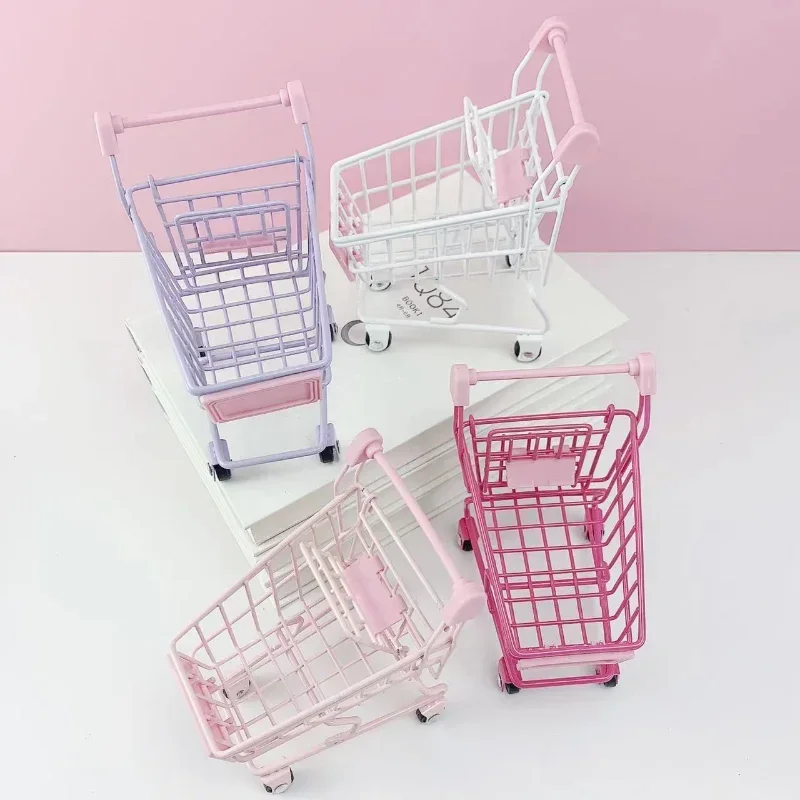 Simulation Supermarket Hand Trolleys Pretend Play Toy Mini Shopping Cart Kids Toys Kids Room Desktop Storage Basket Home Decor 2