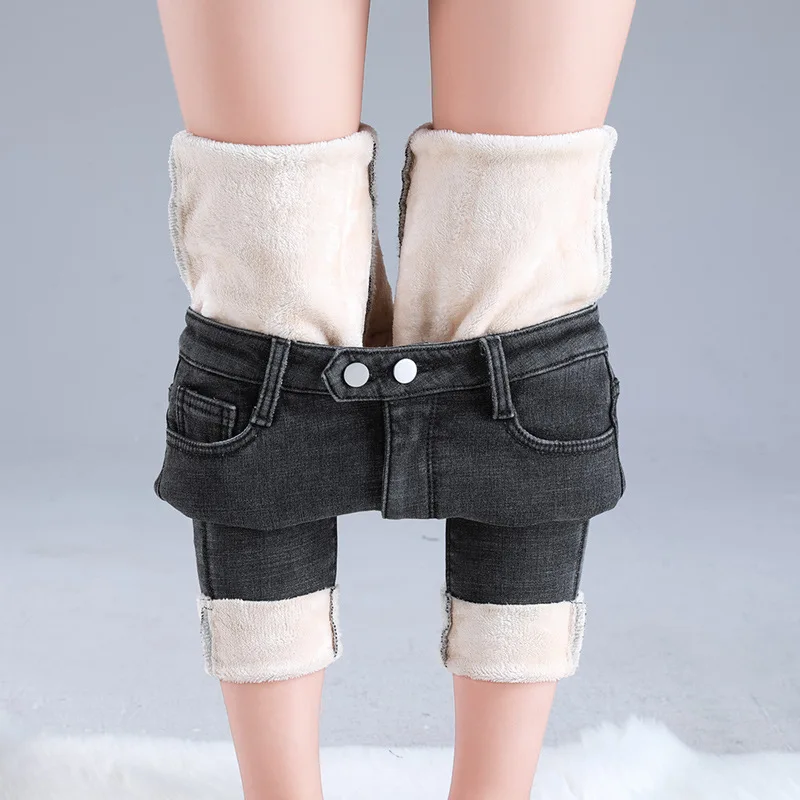 

New High Waist Velvet Thick Jeans Female Winter Skinny Stretch Warm Jeans Pants Mom Black Denim Trousers With Fleece Pants A503