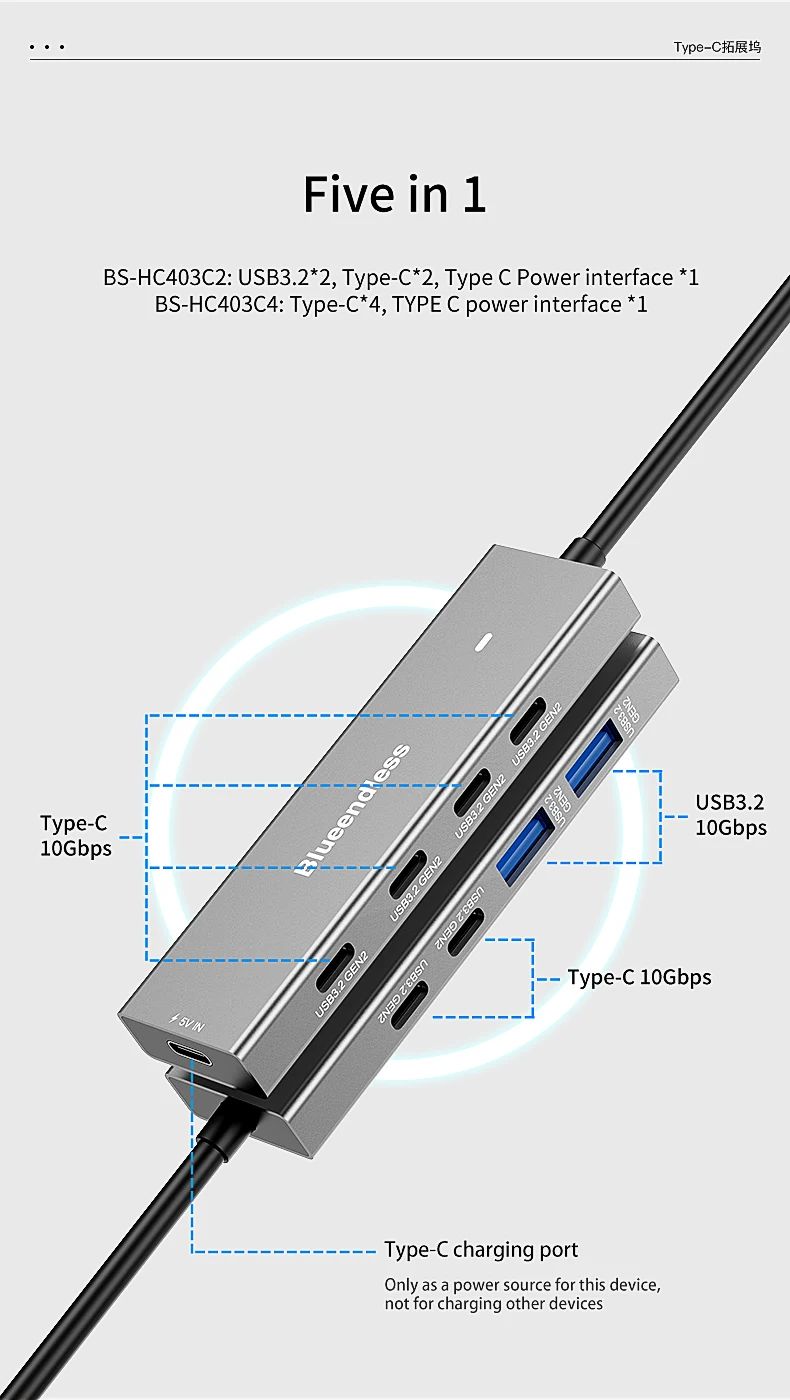 Blueendless Typ C 4-Port USB 3.2 Gen 2 10 Gbit/s Hochgeschwindigkeits-4-in-1-USB-C-Adapter für mobilen Laptop-Adapter mit 5-V-Ladeanschluss – Detail 4