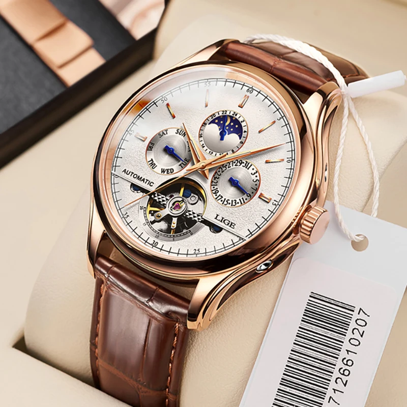 2022 LIGE Mens Watches Automatic Mechanical Watch Tourbillon Sport Clock Leather Casual Business Retro Wristwatch Relojes Hombre