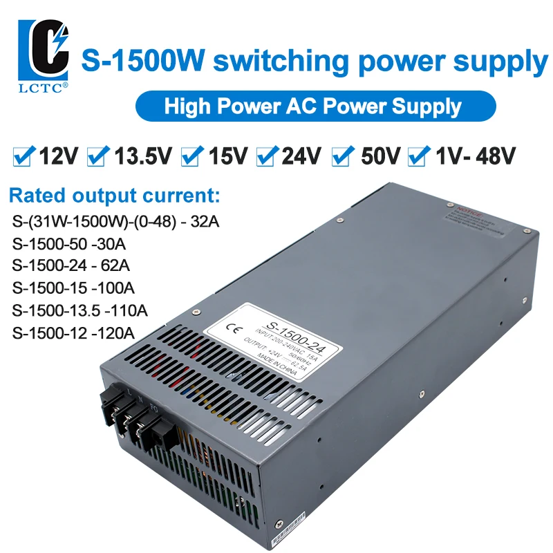 S-1500W промышленный двигатель высокой мощности, источник питания переменного тока, Регулируемый источник питания постоянного тока с дисплеем, импульсный источник питания