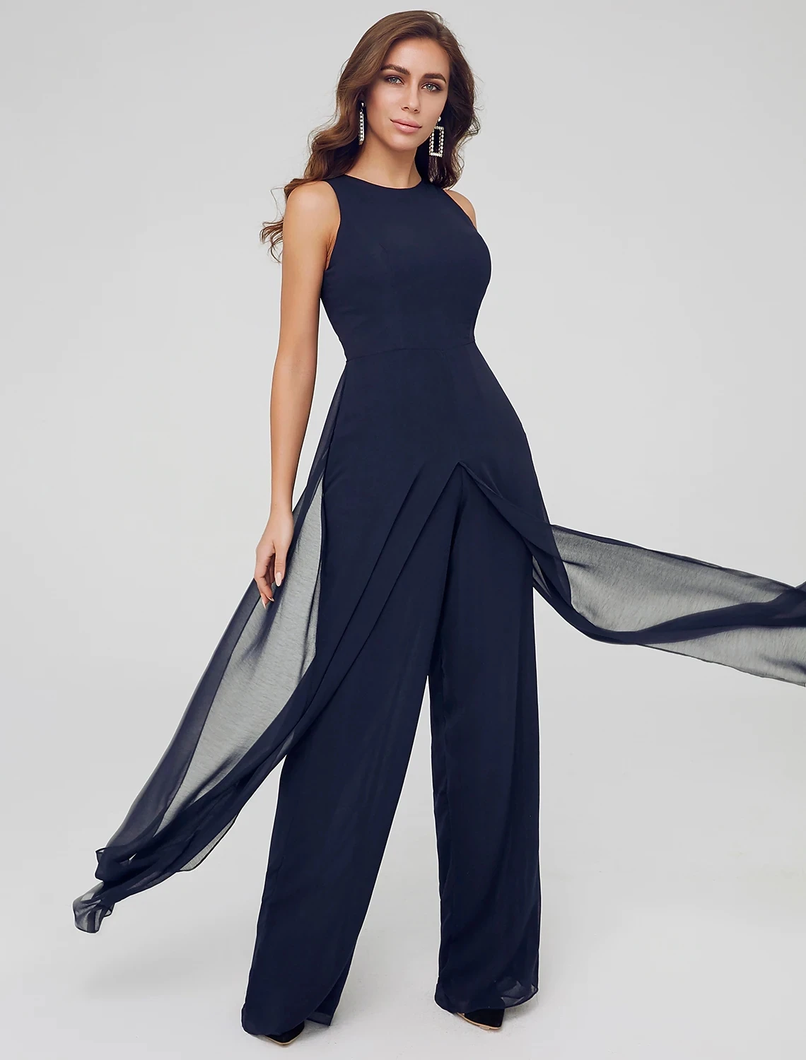 Jumpsuits Elegant Dark Navy Evening Dresses 2022 Jewel Slit Sleeveless Floor Length Chiffon Prom Party Gowns Vestidos De Noiva eightree champagne long feather prom dresses sleeveless side slit evening dress strapless formal party gowns vestidos de festa