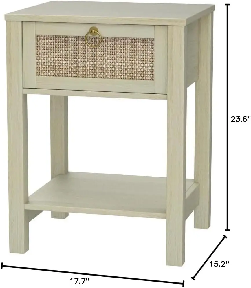 Nightstand Set of 2-Rattan Decor Drawer with Brass Knobs Night Stand Wood Bedside Table End Tables Side Tables