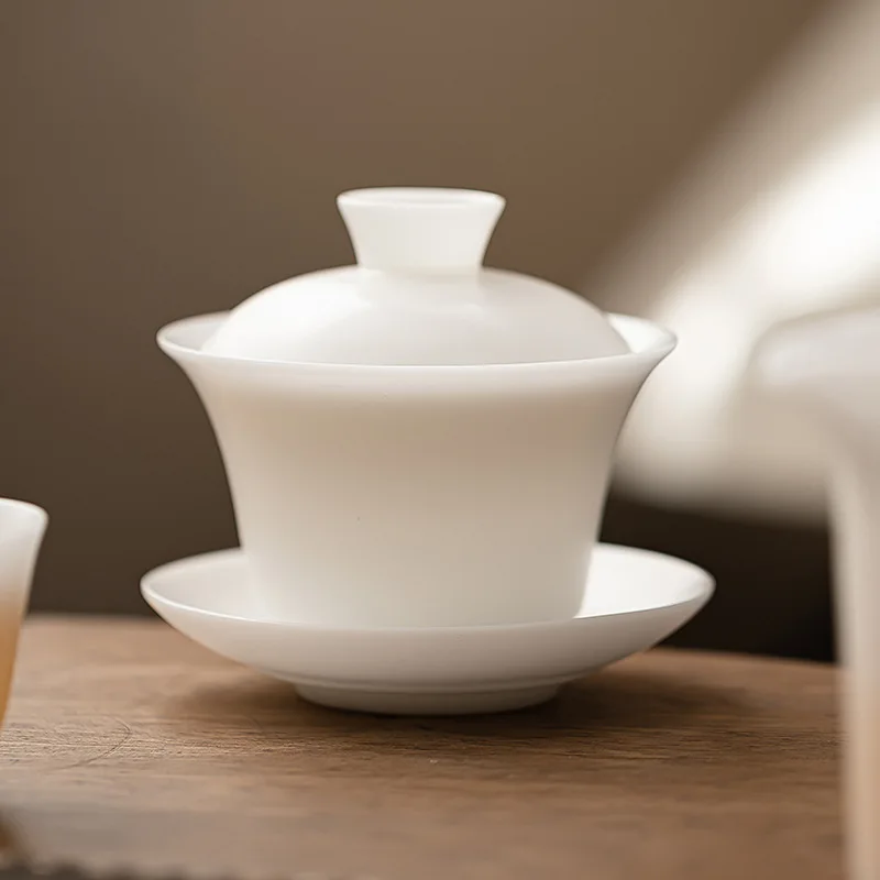 150ml Burnt Mutton Fat Jade White Porcelain Gaiwan Japanese Tea Tureen Tea Cover Bowl Ceremony Supplies Teaware Gift Box