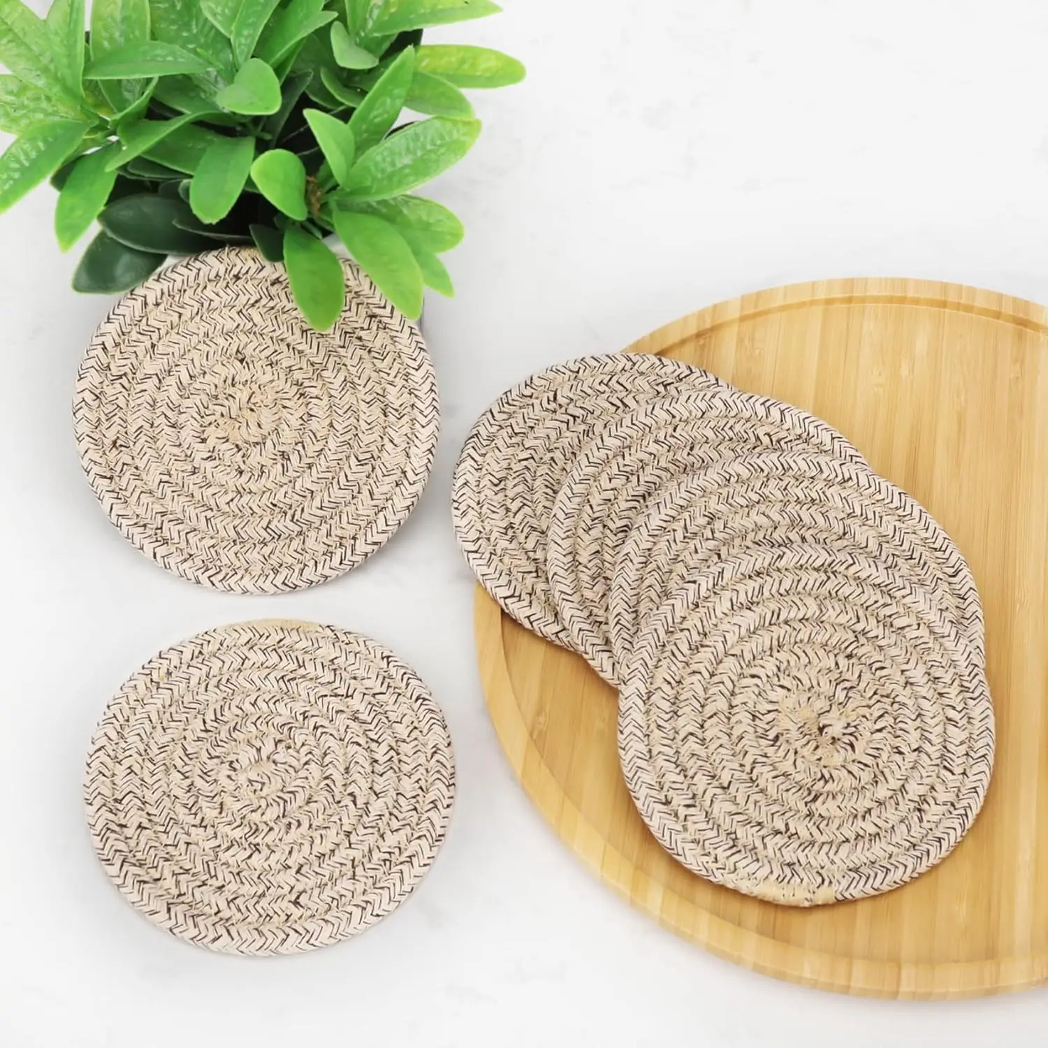 8 Pcs Drink Coasters with Holder, Cotton Woven Absorbent Coasters for Drinks, Minimalist Home Decor Coaster Set for Wooden