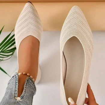 Women's Pointed Toe Flat Shoes Solid Color Knitted Slip on Shoes Casual Breathable Ballet Flats Women Flat Shoes Loafers Women 1