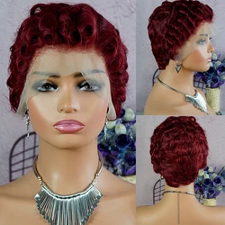 Wine Red Pixie Cut Curly Wig Lace Front Human Hair Wigs for Women HD Transparent 13X4 Lace Frontal Remy Human Hair Brazilian