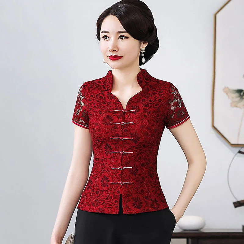 Cheongsam Women Plus Size Tops 2024 Lace Hollow Out Short Sleeve Traditional Chinese Style Red Tang Costume Qipao Shirts Woman