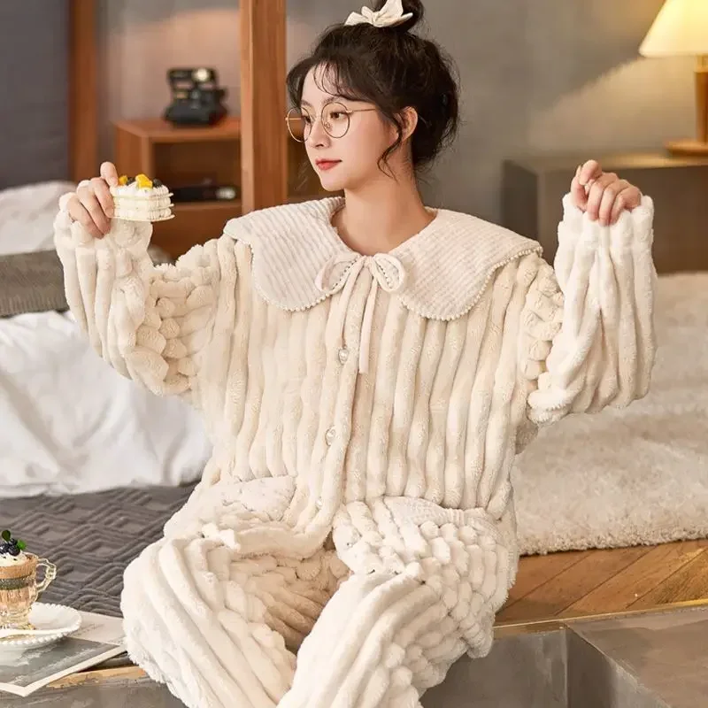 Pajamas Women Winter Homewear Coral Fleece Loose Cute Girl Thickened Pregnant Famale Warm Home Suit Lady Two Piece Sleep Clothes