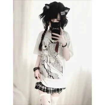 Japanese Subculture Girls Printed Short-sleeved Tees Summer New Y2k Round Neck T-shirt Oversized White Casual Women's Tops 1