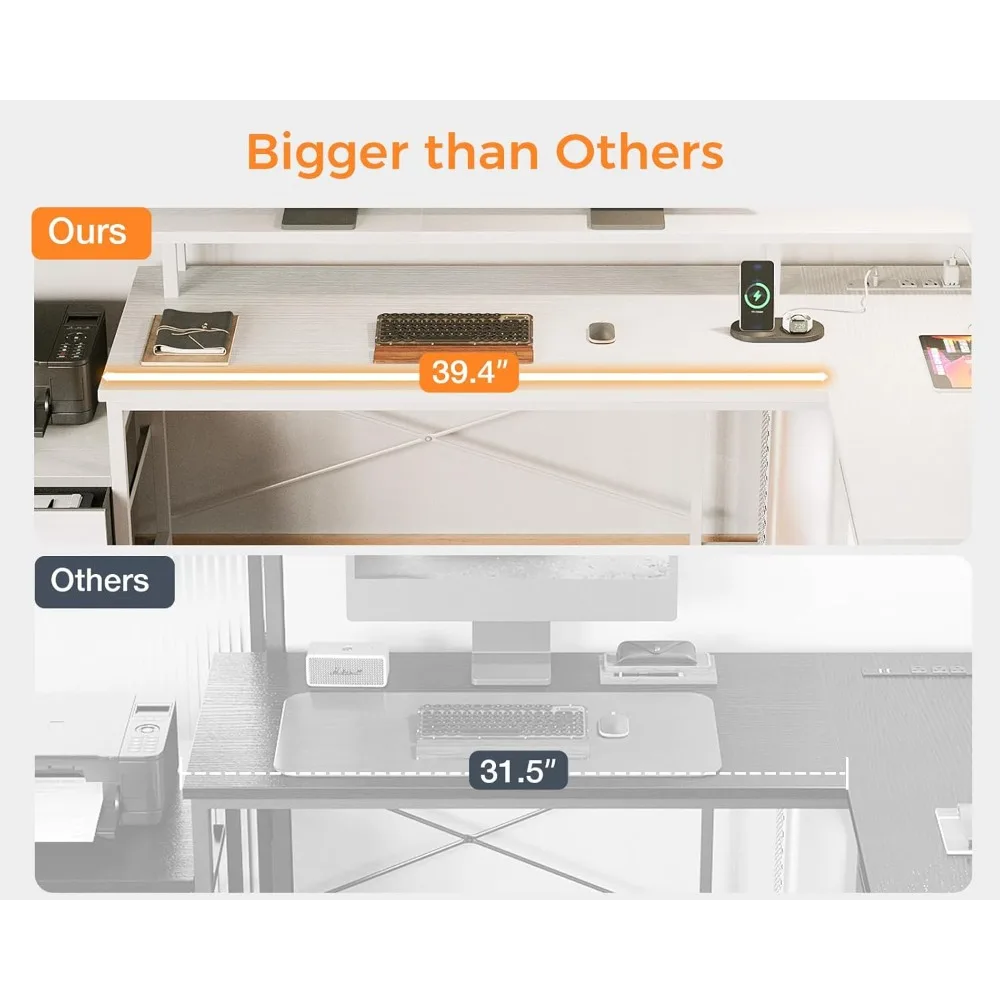"66-inch reversible l-shaped desk with storage and integrated power outlet & led lighting for home office"