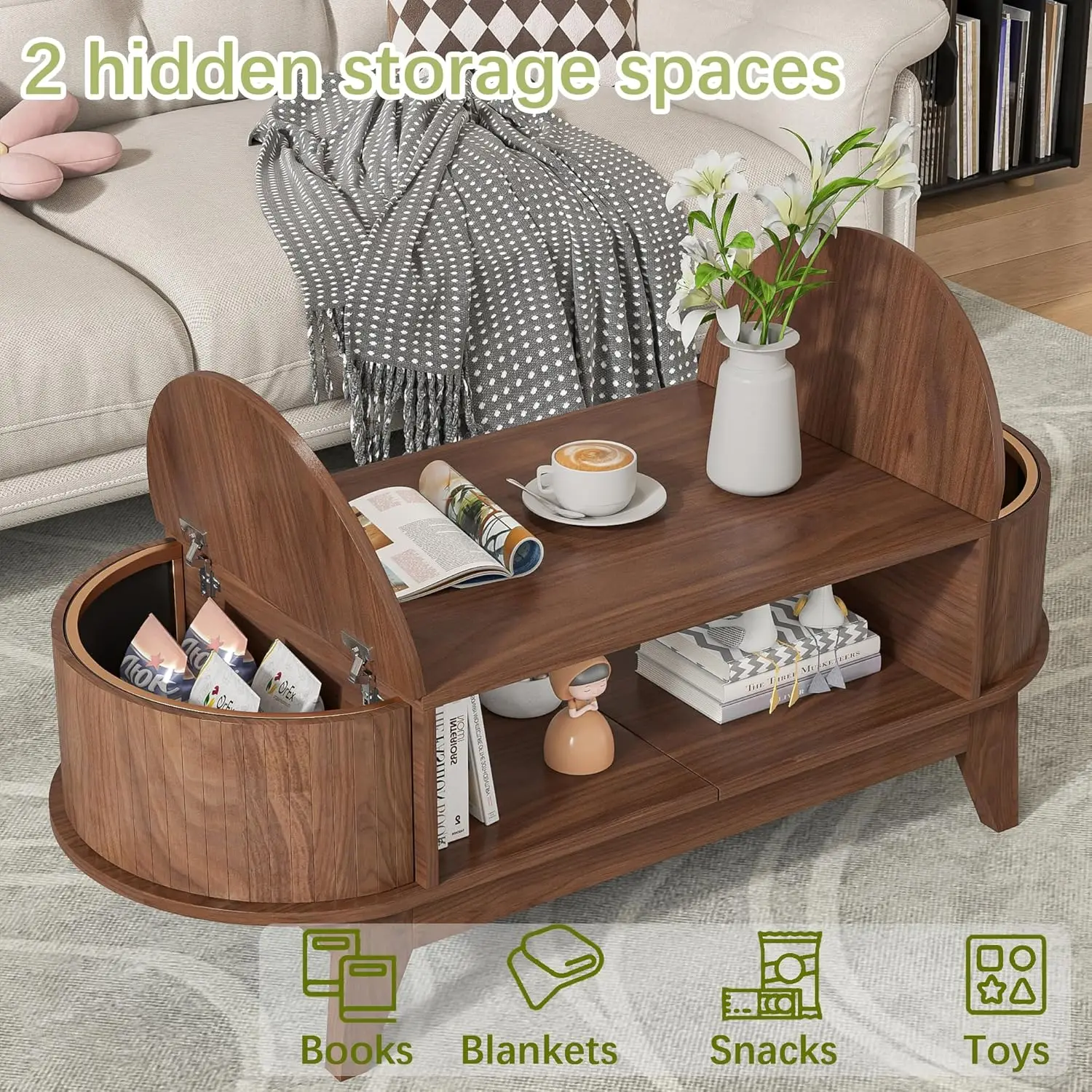 Coffee Table with Storage,Mid Century Modern Coffee Tables with 2 Flip-Top Hidden Lids,Fluted Coffee Table,Wood Center Tables