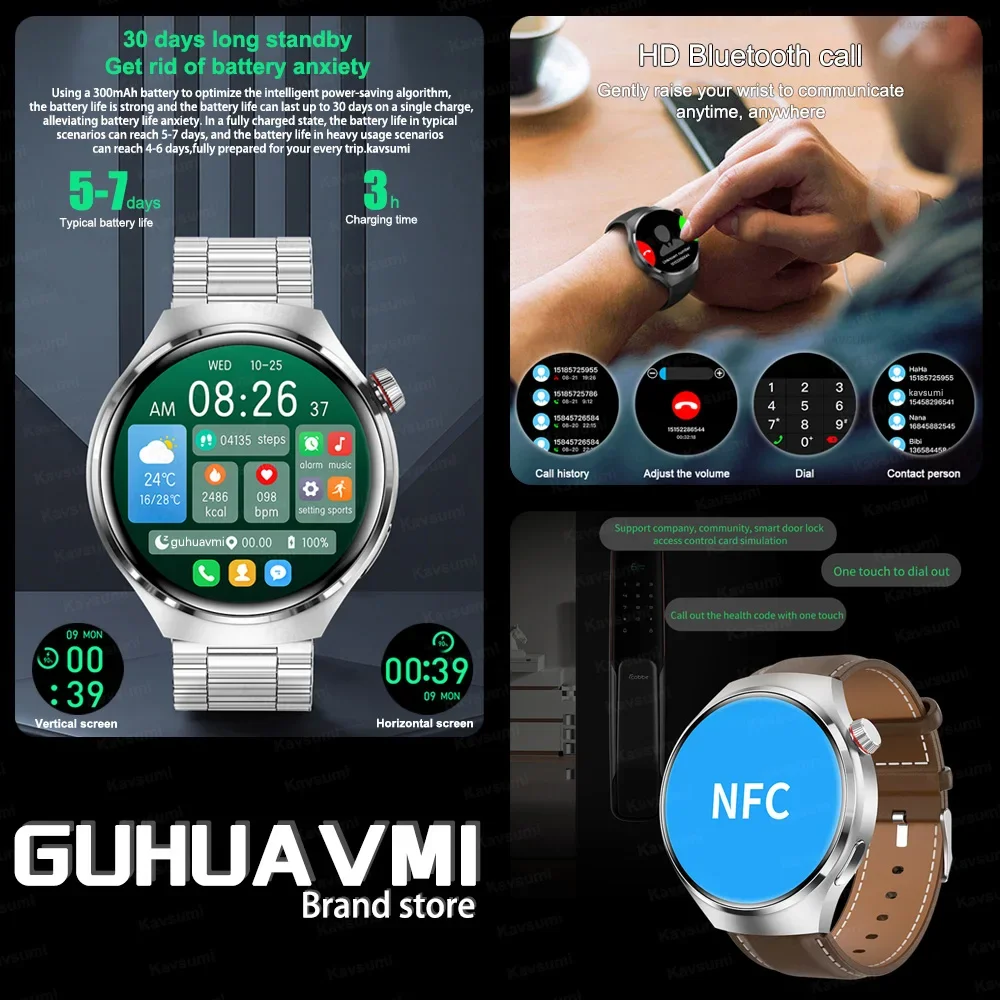 

2023For Huawei Xiaomi NFC Watch 4 Pro Smart Watch Men AMOLED 454*454 Screen Blood Sugar Bluetooth Call GPS Motion Tracking Watch