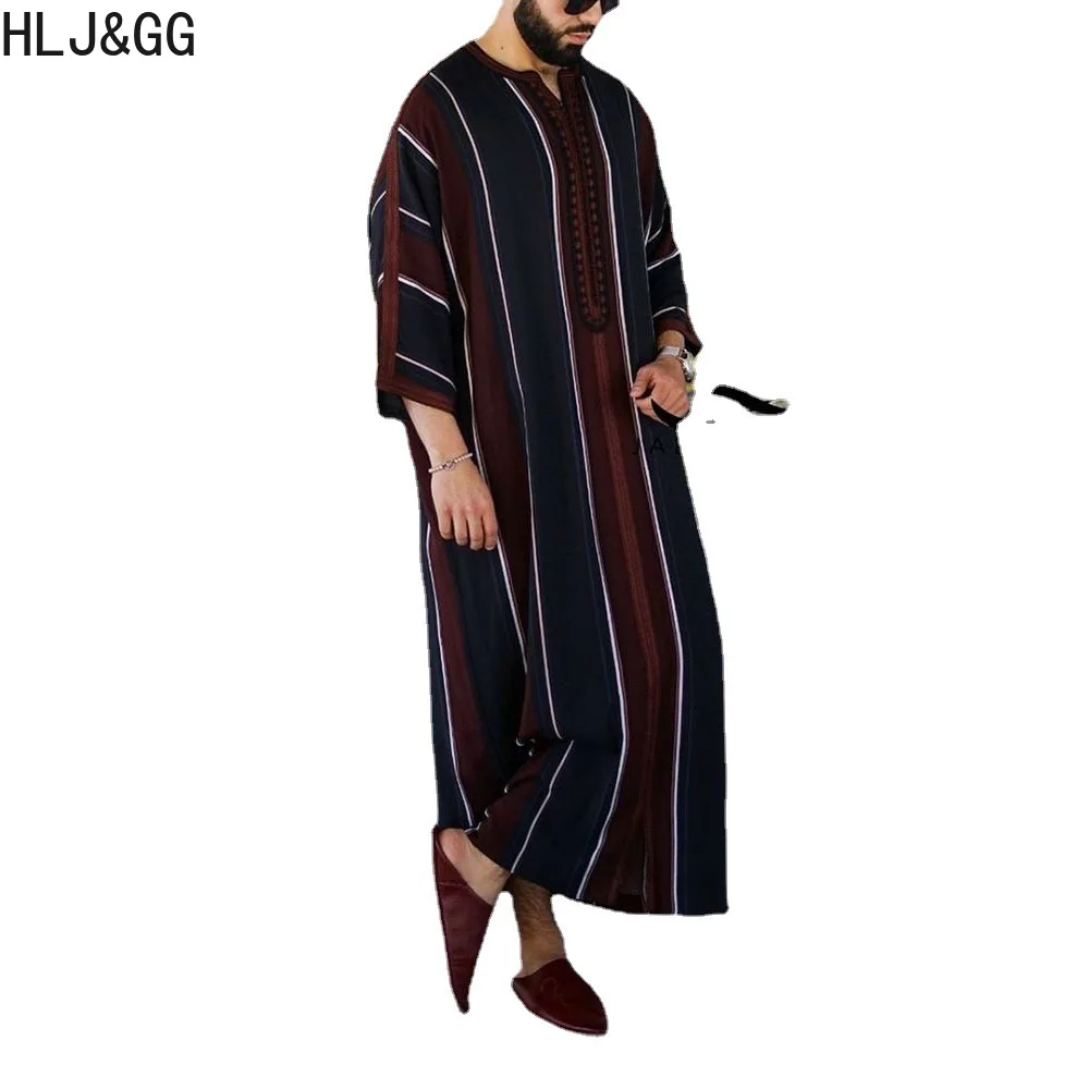 HLJ&GG Muslim Jubba Thobe Clothes Men Hoodie Ramadan Robe Male Casual Loose Stripe Robes Abaya Dubai Turkey Islamic Clothing
