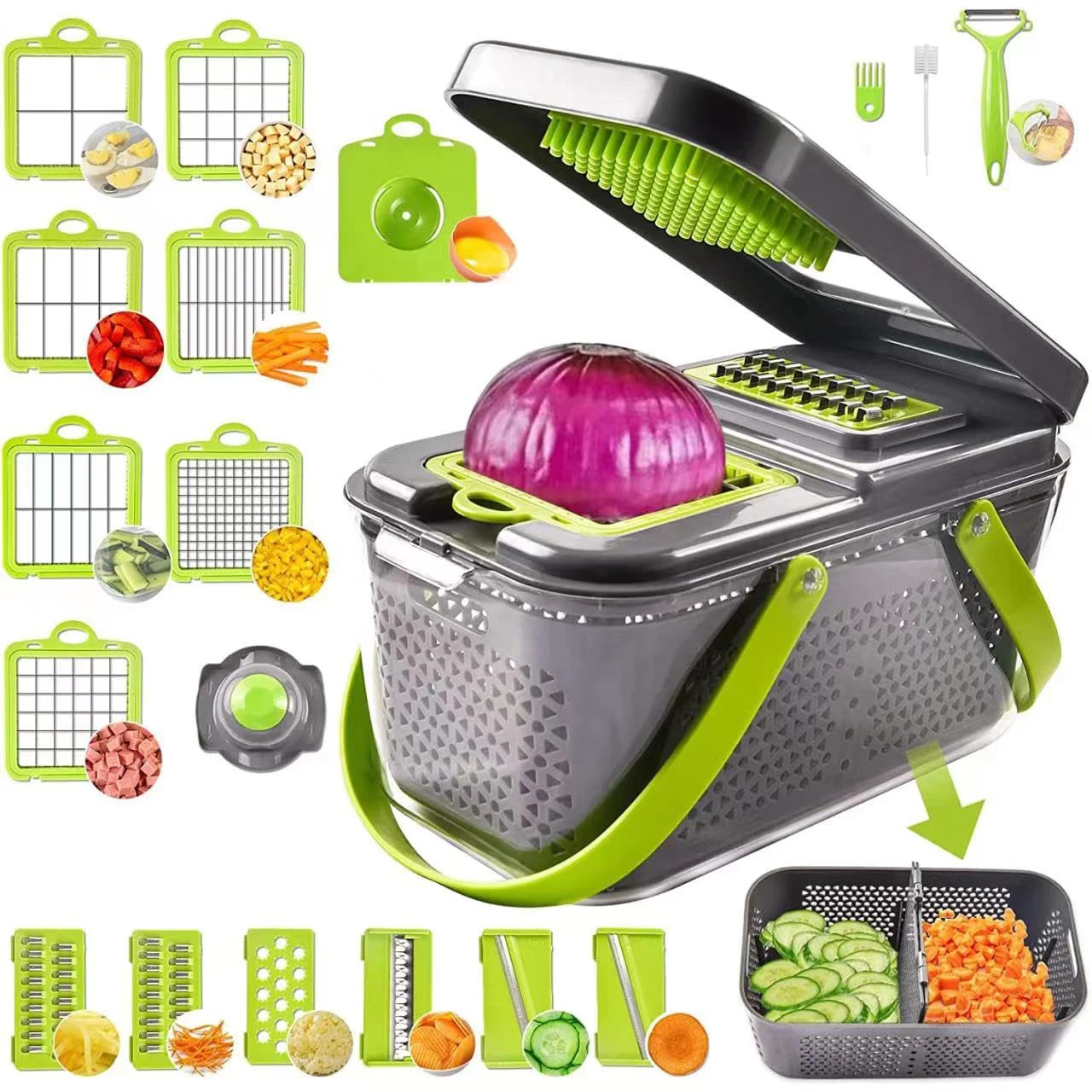 22 in 1 Vegetable Chopper with Stainless Steel Blade Adjustable Slicer And Cutter with Drain Rack Storage Container Kitchen Tool 22 in 1 Vegetable Chopper with Stainless Steel Blade Adjustable Slicer And Cutter with Drain Rack Storage Container Kitchen Tool
