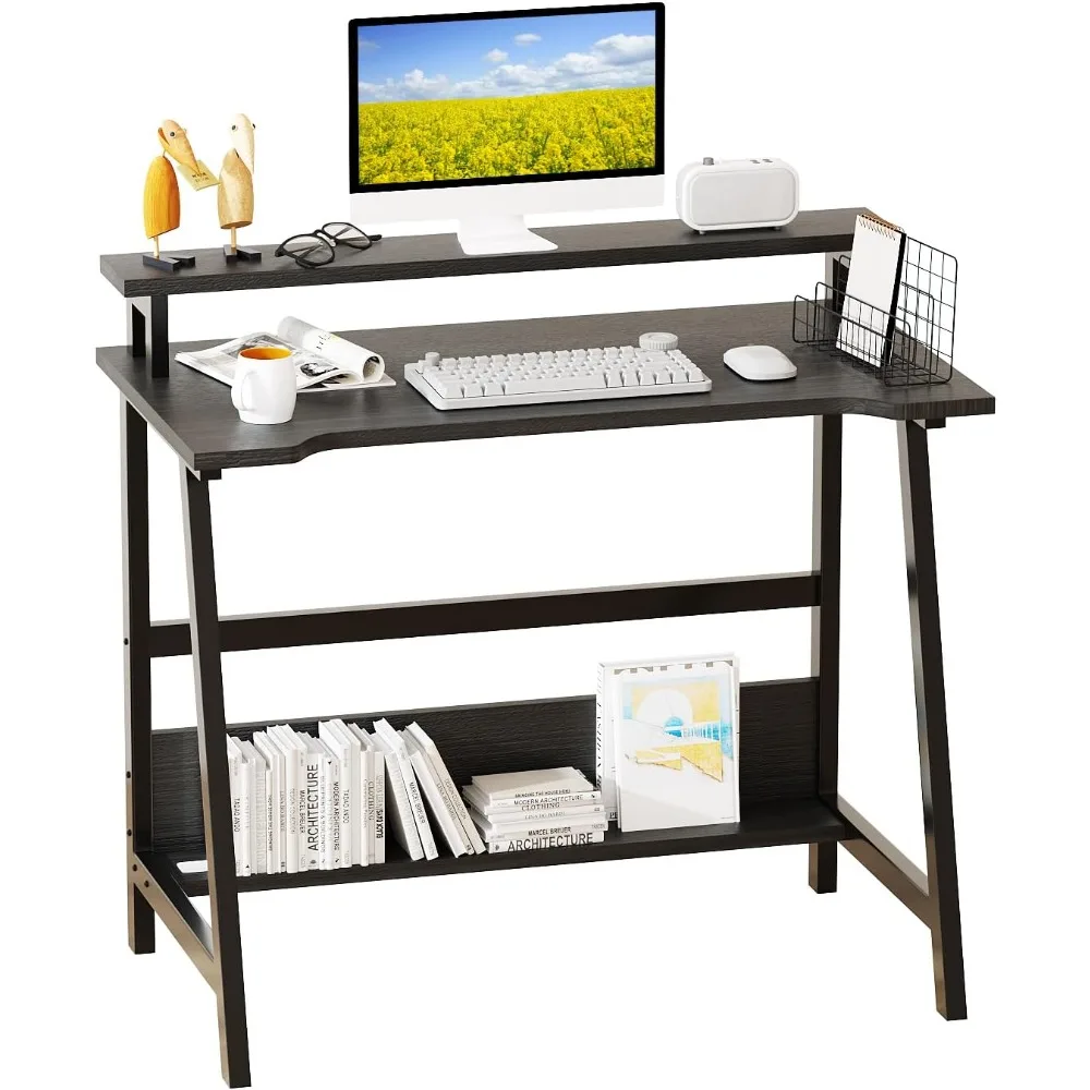Computer Home Office Desk, 31.5 Desk for Small Spaces with Storage Shelf,Small Computer Desk with Monitor and Bookshelf