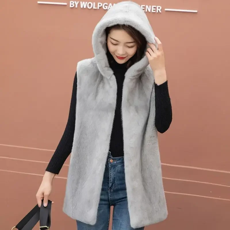 Fur Vest Women's Autumn and Winter New Korean Version Hooded Mid-length Solid Color High-end Jacket Warm Pocket Jacket Fur Coat