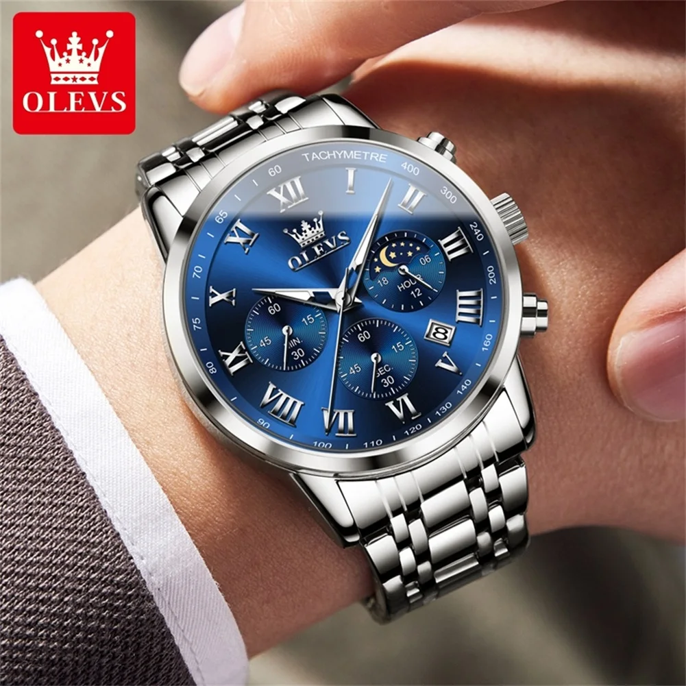 OLEVS Top Luxury Brand Men's Watches Luminous Moon Phase Stainless Steel Chronograp Calendar Quartz Watch Original Wristwatch