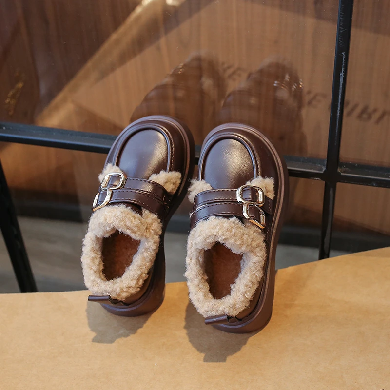 Children Leather Shoes British Style Thick Bottom Girls Plush School Casual Loafers Warm Thicken Kids Cotton Shoes Autumn Winter
