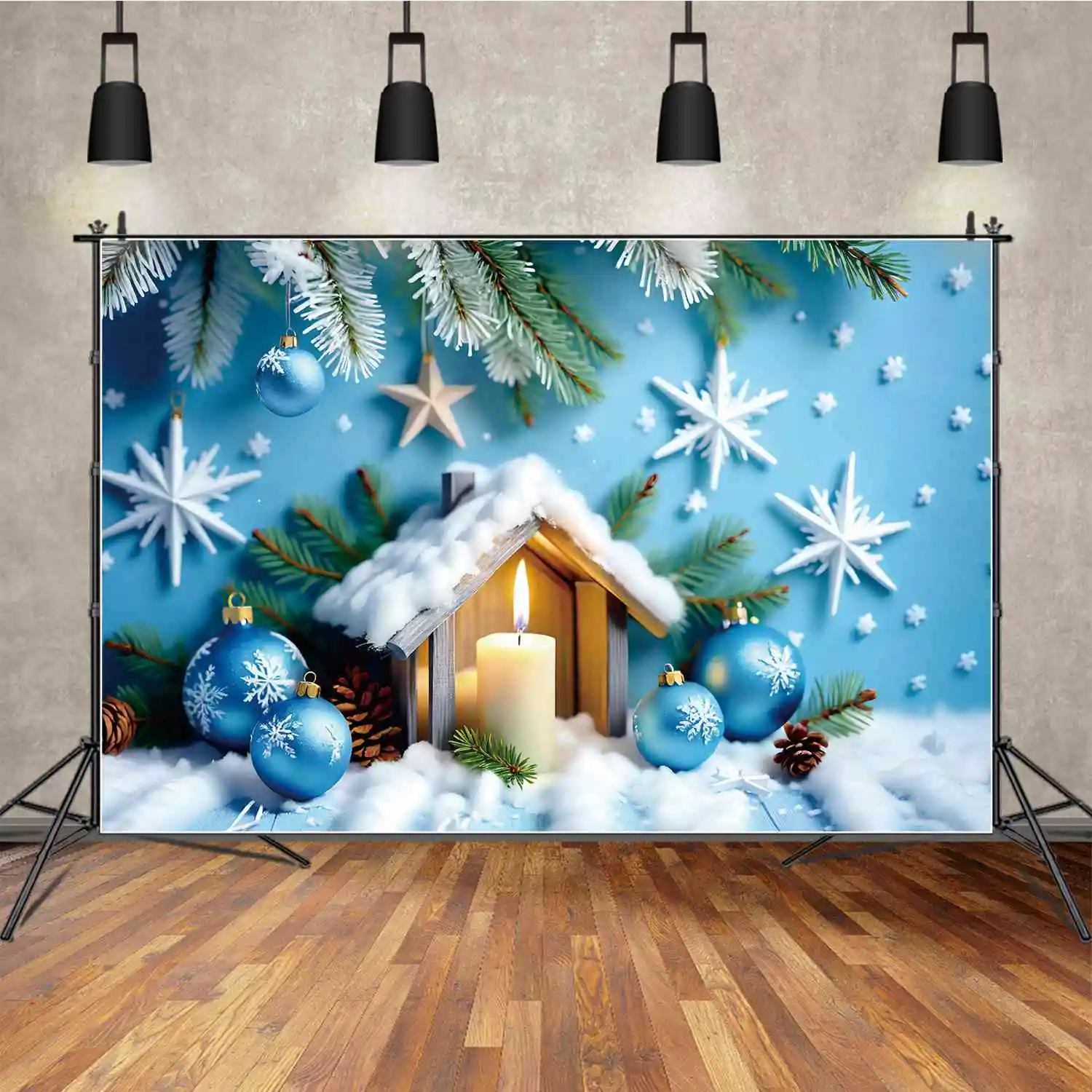 Moon.Qg Fondale Christmas House Photocall Photography Background Blue Star Pine Ball Candle Light Decor Studio Photozone Puntelli