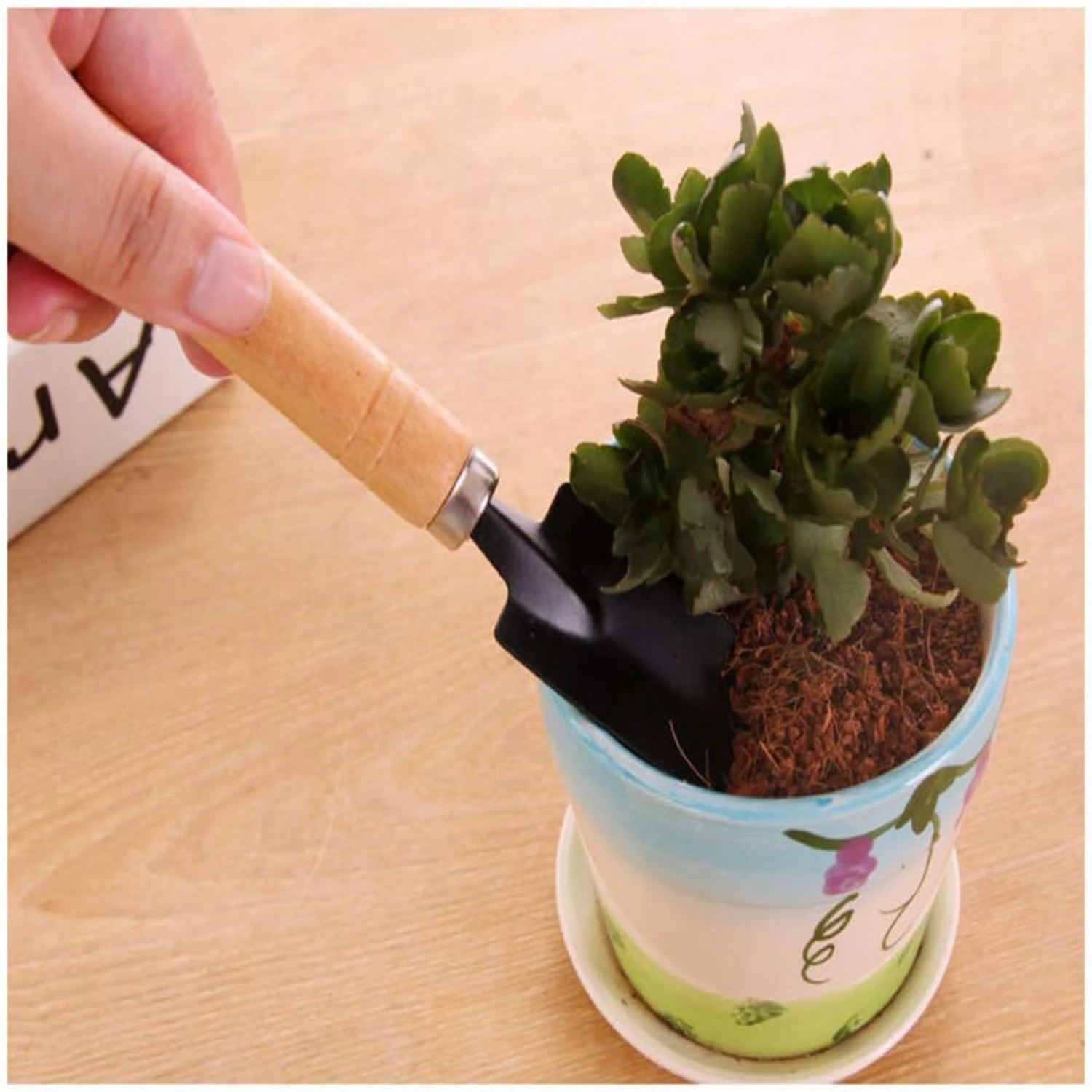Efficient and Durable Black Metal Gardening Trowel-Set of 3 Mini Hand Planting Tools with Wood Handle including Small Shovel,