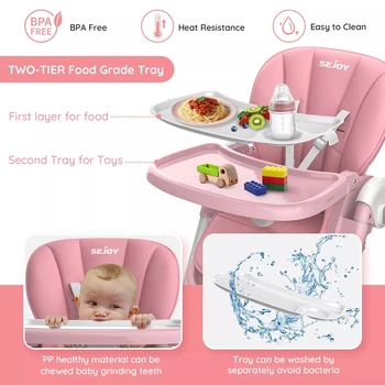 Sejoy Baby High Chair Foldable Highchair Adjustable Backrest Double Removable Tray Detachable PU Leather Cushion High Chair for 5