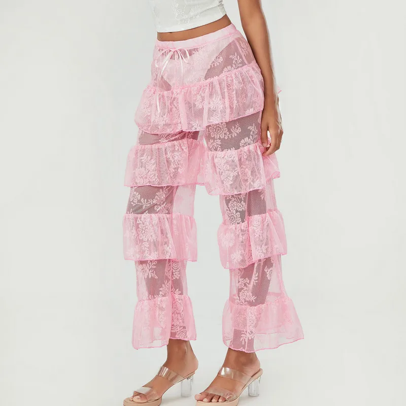 

Женские кружевные брюки WPNAKS, летняя одежда в стиле "Лолита", прозрачные Многослойные брюки с высокой талией и цветами, Сексуальные клубные брюки