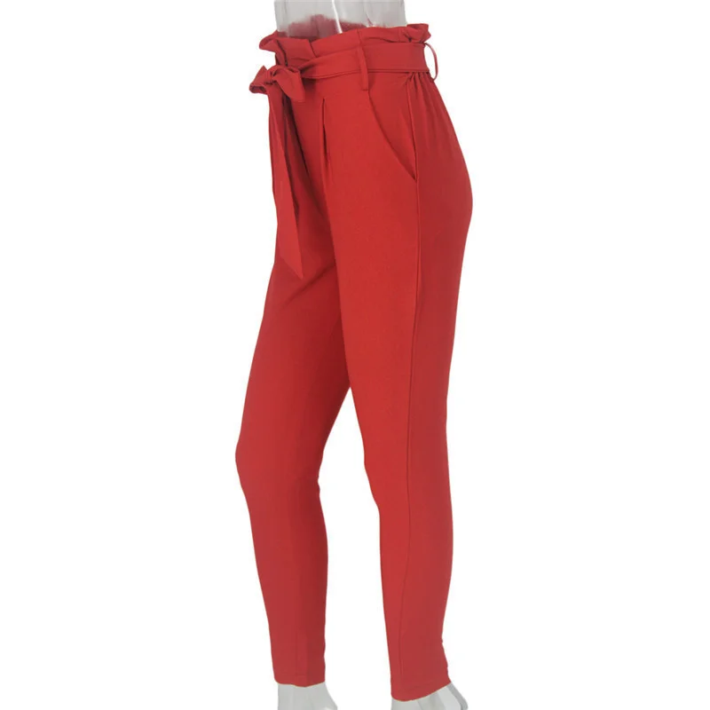 Dressmecb Solid Red Casual Pants Women Pants High Waist Ruched Bow Pencil Pants Female Summer Fashion Autumn Long Trousers 2021 plus size clothing