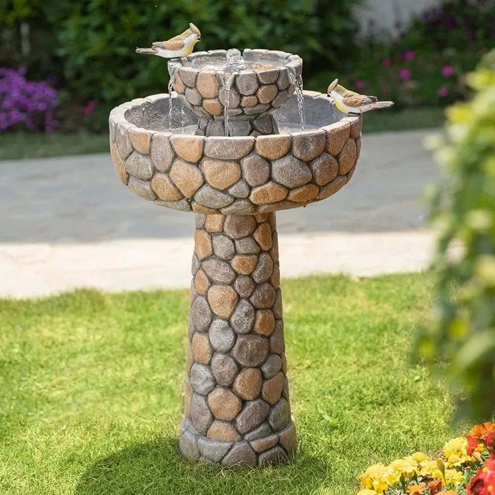 

2-Tier Stone Like Outdoor Waterfall Fountain w/ Birds Decor,Freestanding Bird Bath Patio Fountain Pump for Garden Porch,24.41”H