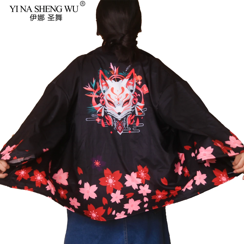 Fox Mask Print Coat Japanese Kimono Cardigan Shirt Women Haori Yukata Cosplay Men Traditional Clothing One Size