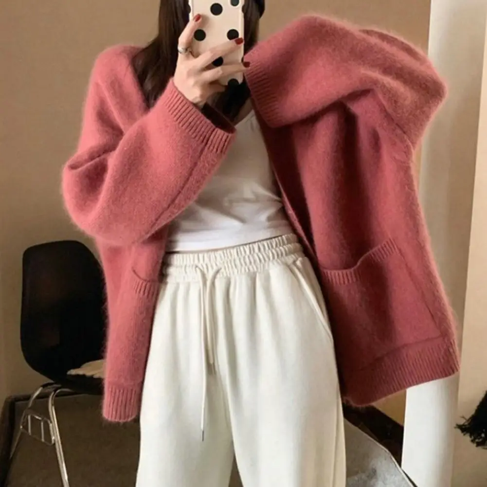 

Casual V-neck Cardigan Cozy Knitted Sweater Coat Button Closure Solid Color Pockets for Fall Winter Fashion Women Sweater Coat