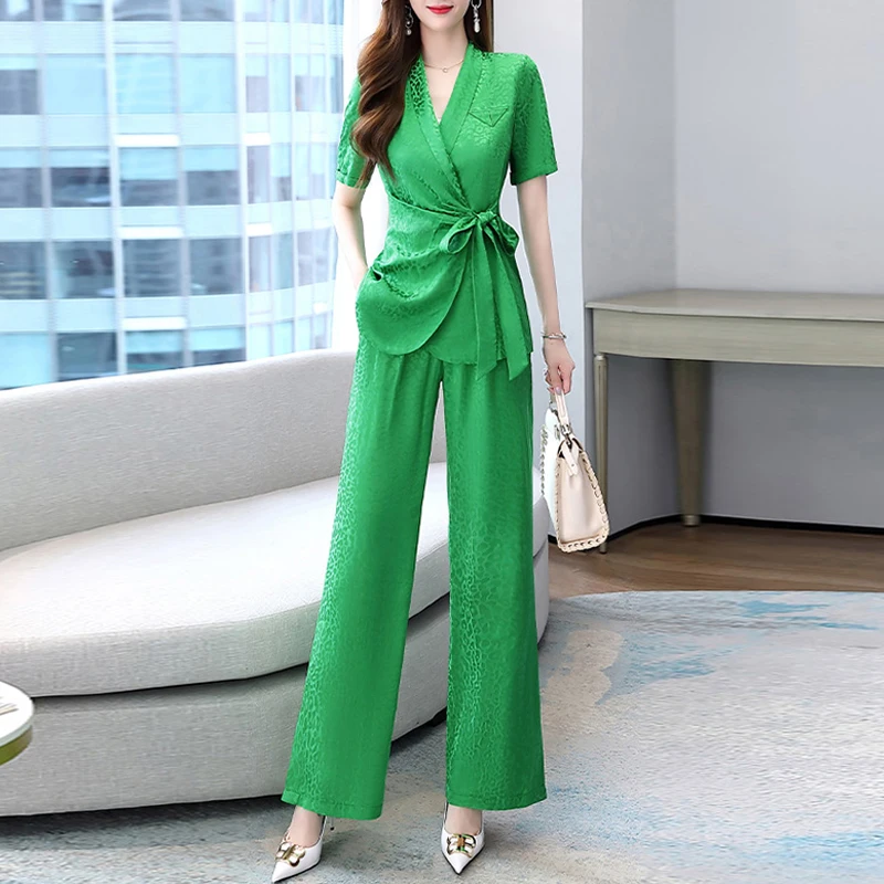 

Summer Women Casual Office Loose Short Sleeve Lace-up Blazer and Wide Leg Pants Trousers 2 Pieces Set High Quality Pant Sets