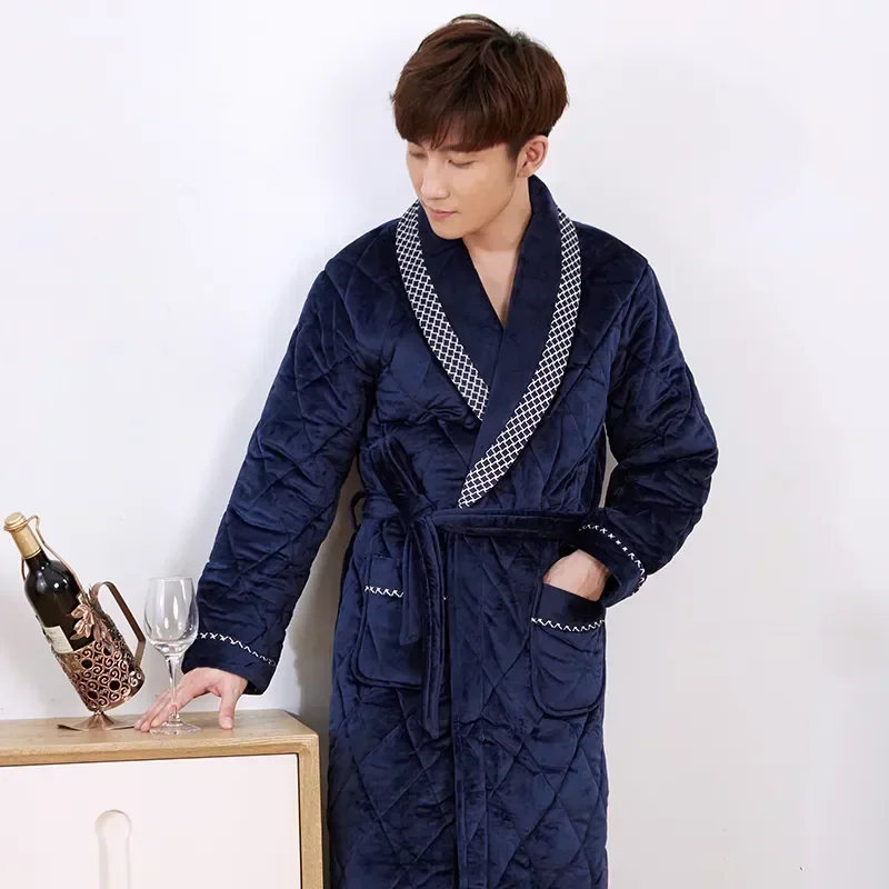 

New Men Quilted Long Men's Winter Arrival Homewear Solid Bathrobes Robe Bath Warm Male Dressing Thick Comfortable