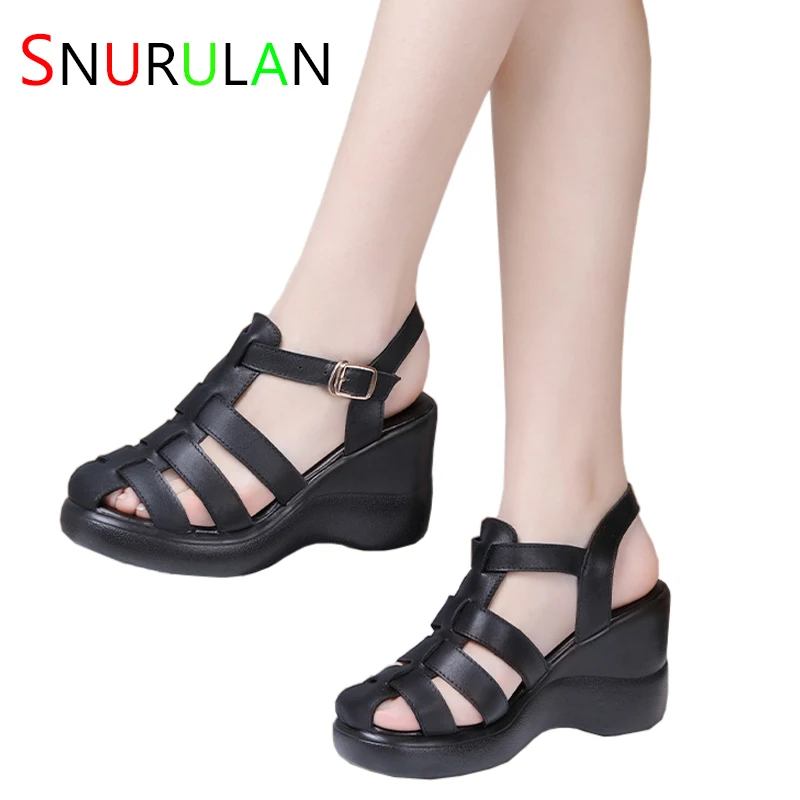 

Small Size 32-43 Close Head Leather Platform Wedges Shoes Women Summer 2023 High Heels Gladiator Sandals for Office Beach Mom