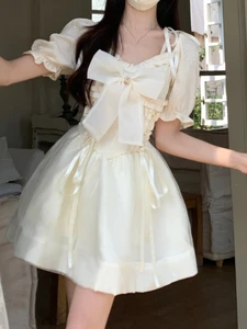 Lace-up France Style Vintage Dress Women Ruched Bow Korean Fashion Mini Dress Female Puff Sleeve Designer Sweet Dress 2023 New