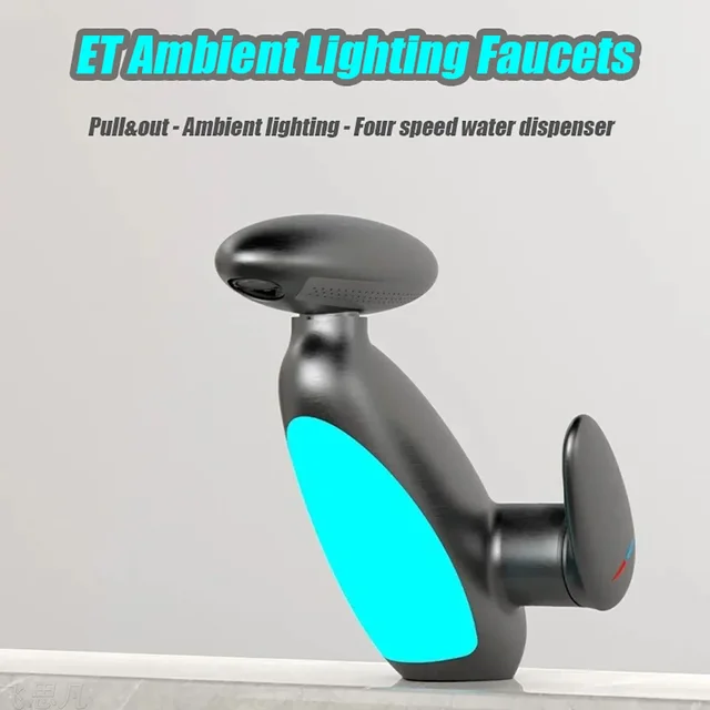 PVD ดึงออกก๊อกน้ําอ่างล้างหน้าเพนกวินพร้อมแสงโดยรอบร้อนเย็นควบคุมคู่ 4 ประเภทโหมดสเปรย์น้ําแตะอุปกรณ์ห้องน้ํา 3