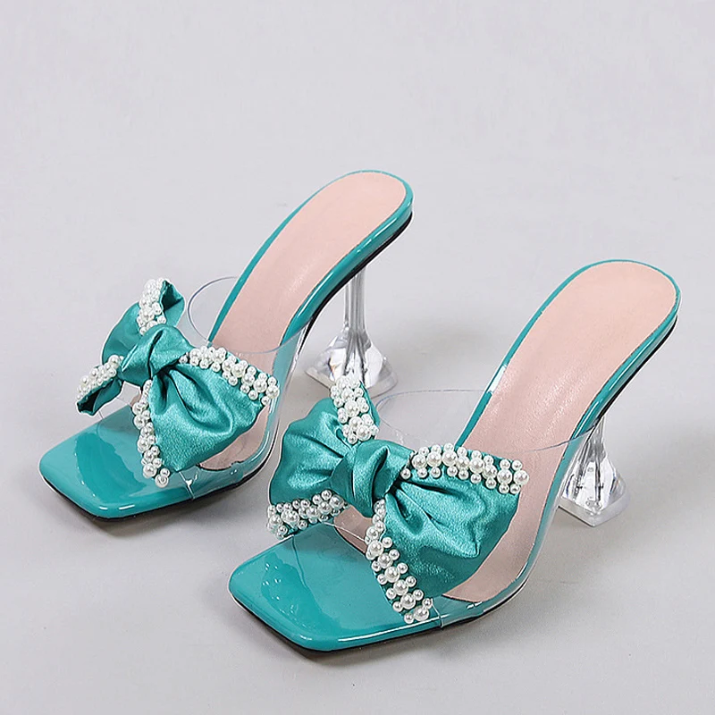 Liyke Pink Pearl Bowknot High Heel Mule Sandals