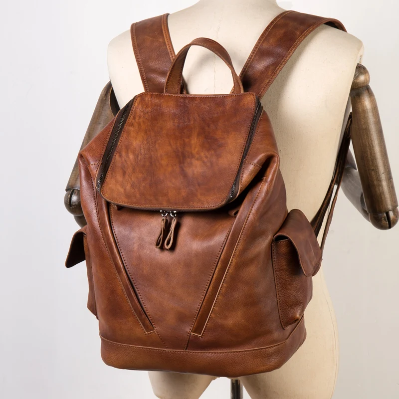 Casual Joker leather backpack retro tide men's leather backpack large capacity travel backpack 15 inch business computer bag